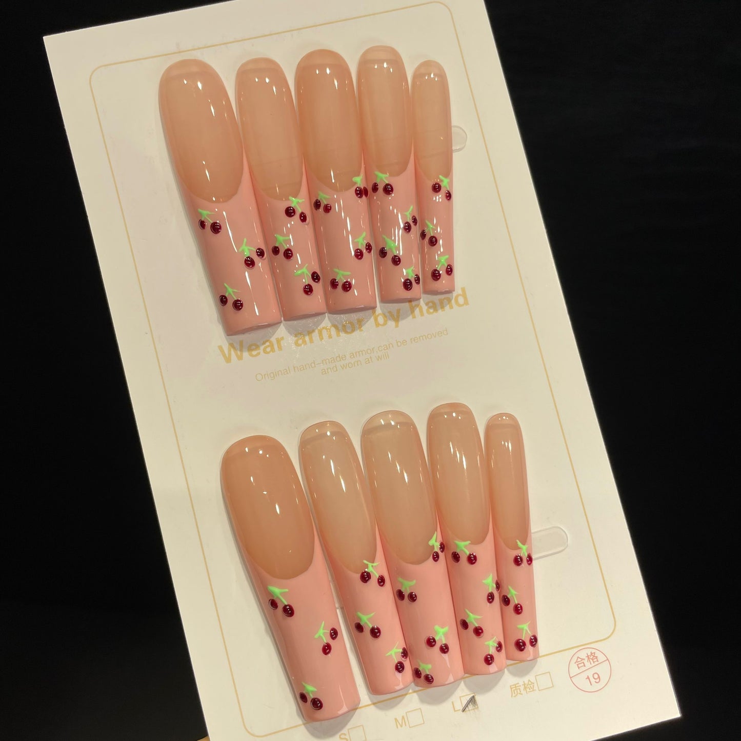 Handmade Press On Nails Extra-Long Coffin Sweet cherry