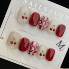 Handmade Press On Nails Short Square Red cherry check-YiH