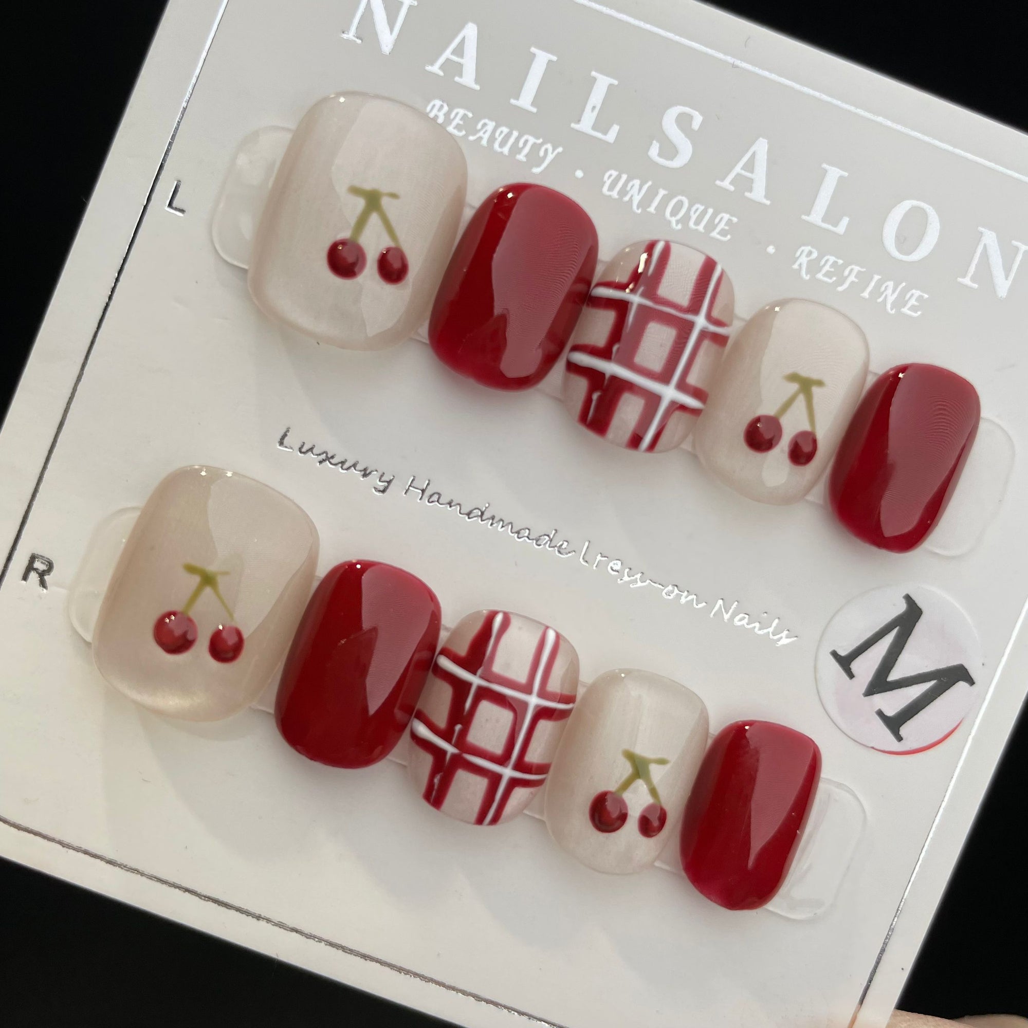 Handmade Press On Nails Short Square Red cherry check-YiH