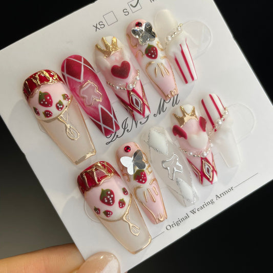 Handmade Press On Nails Long Coffin Strawberry cake