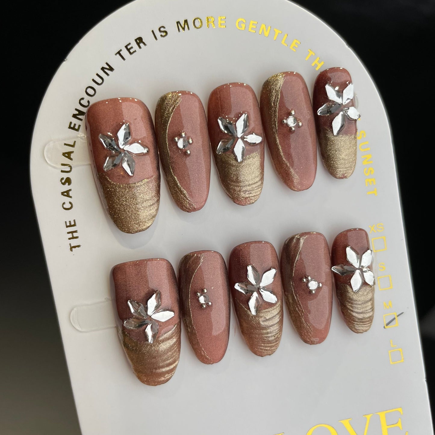 Handmade Press On Nails Long Almond Brown flower