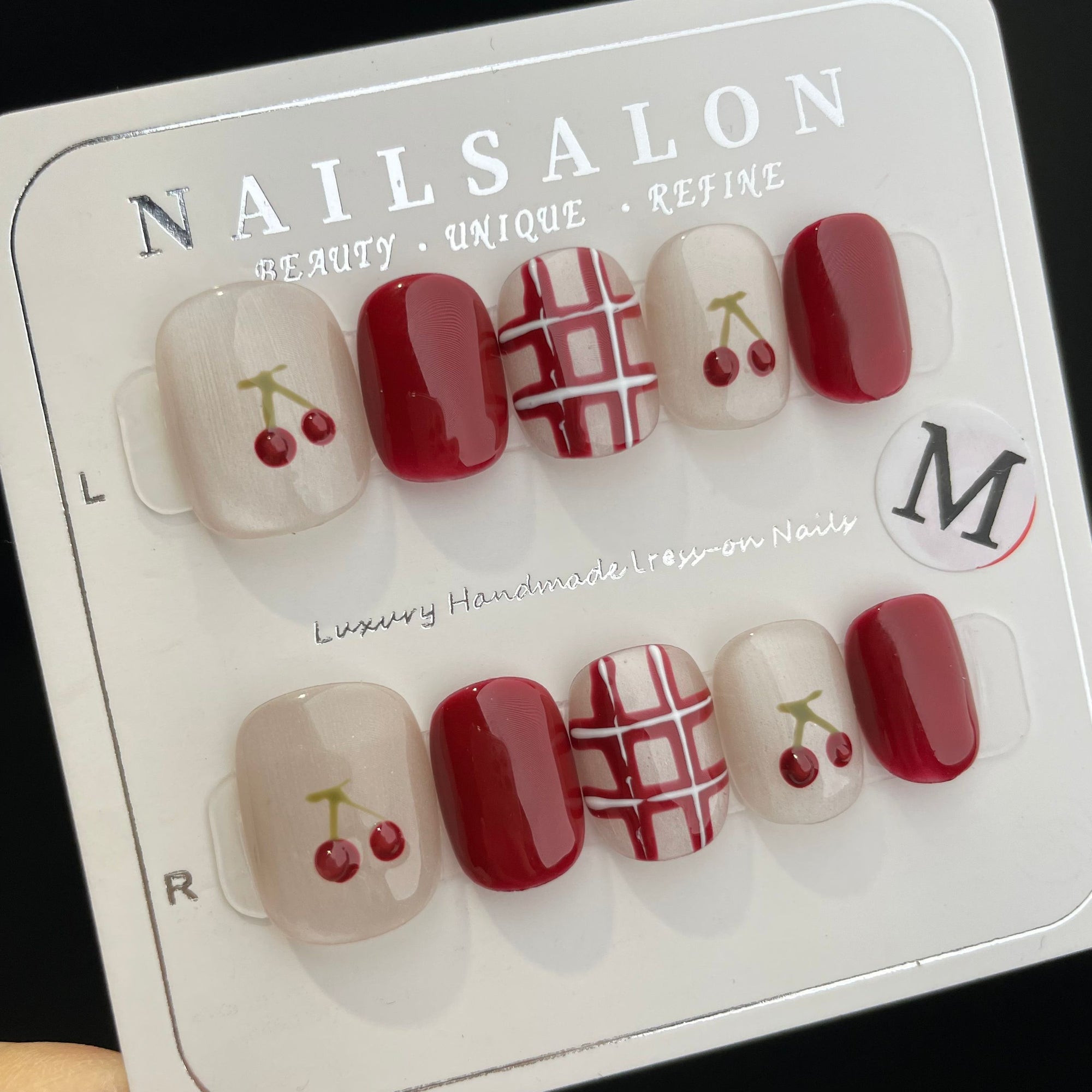 Handmade Press On Nails Short Square Red cherry check-YiH