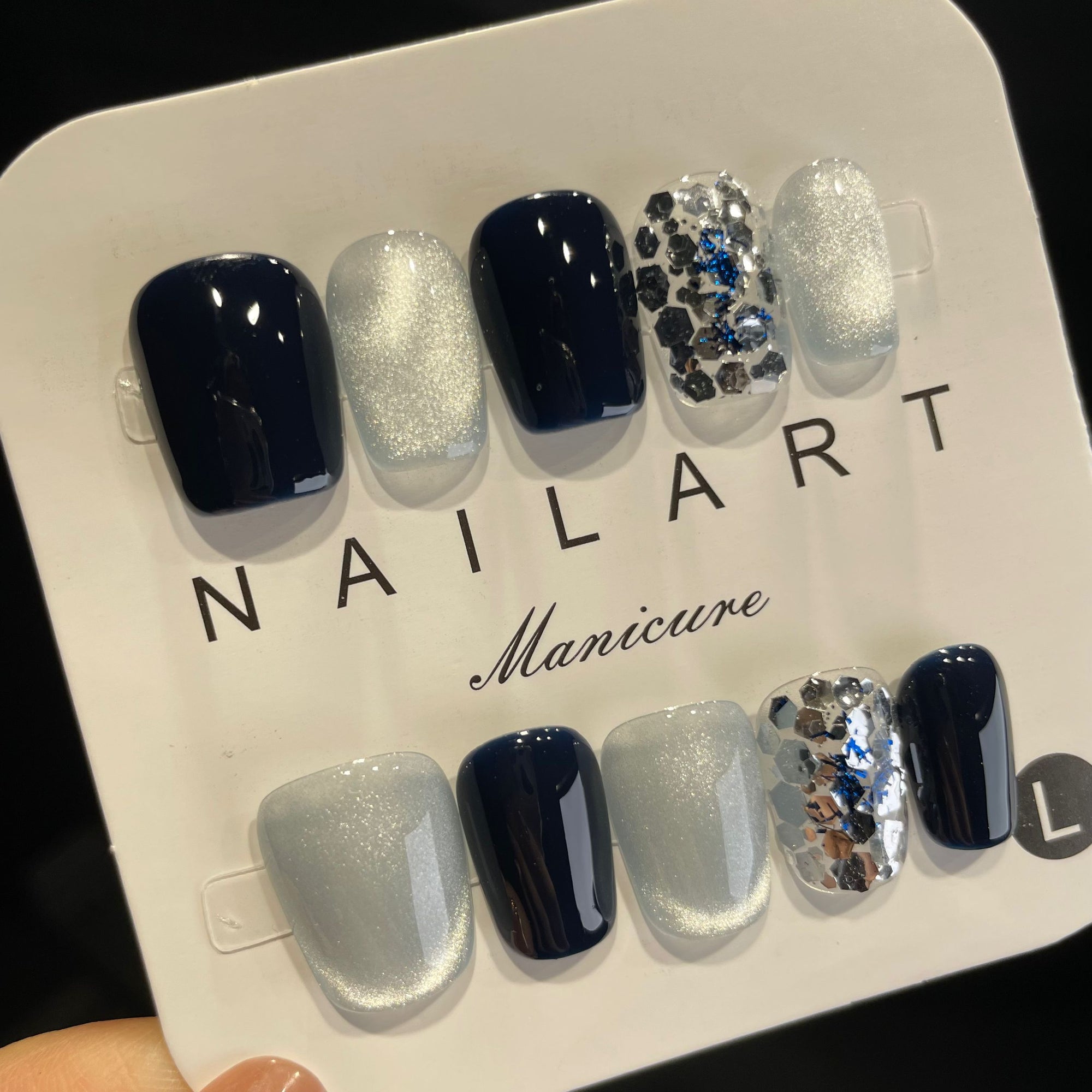 Handmade Press On Nails Short Coffin Blue glitter-YiH