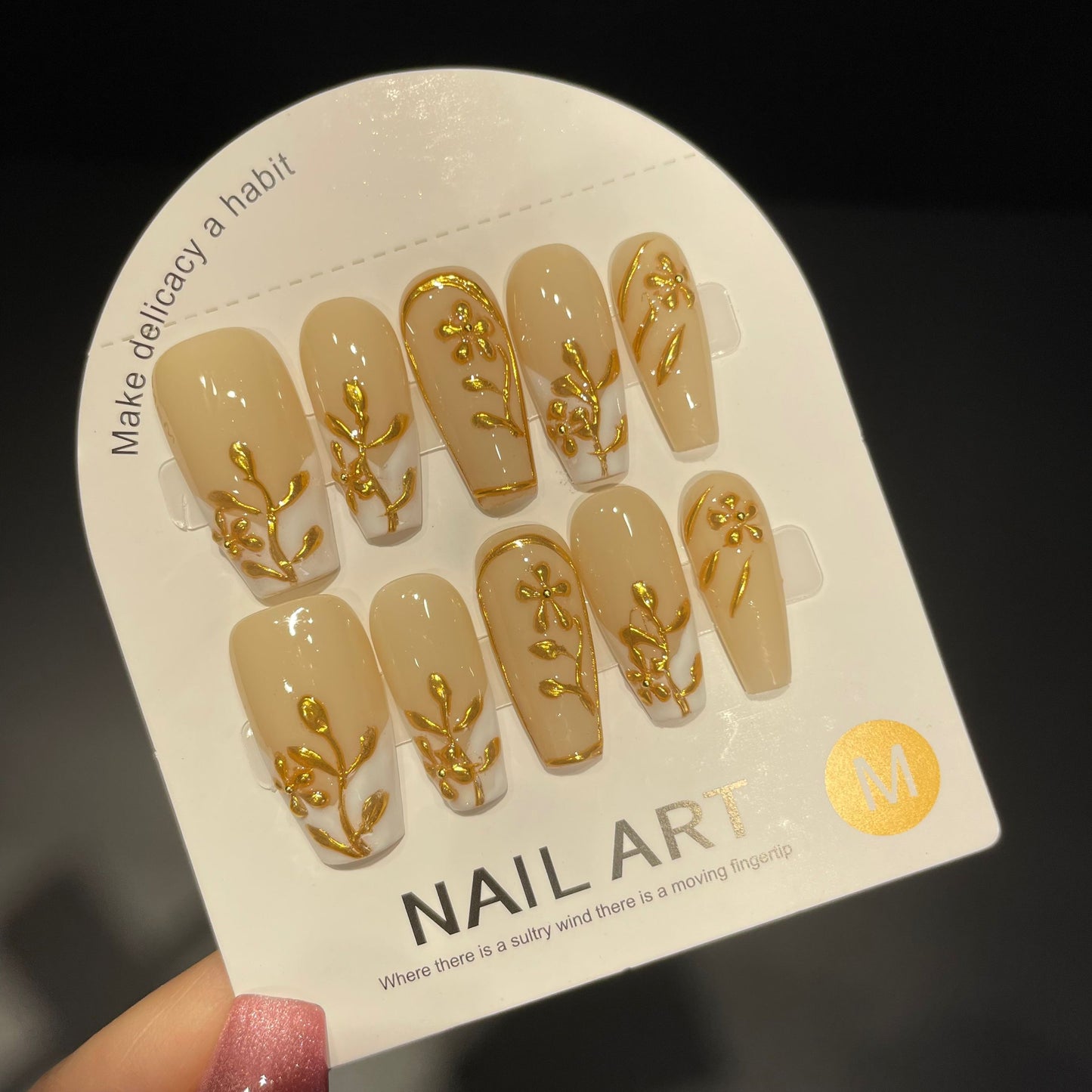 Handmade Press On Nails Long Coffin Autumn gold leaf French