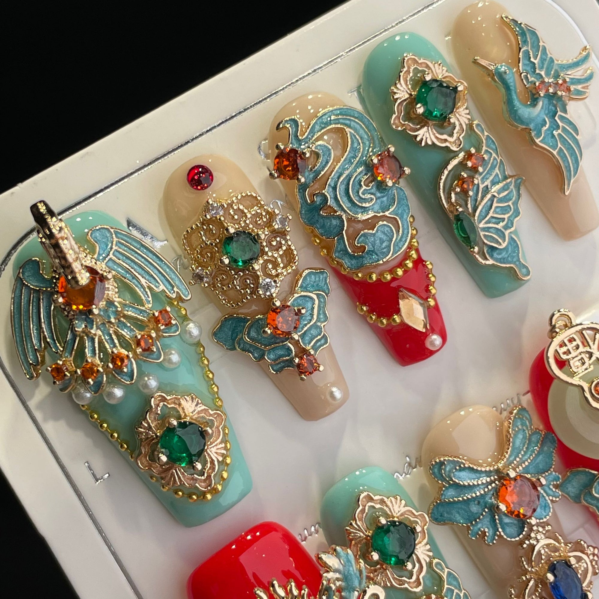 Handmade Press On Nails Long Coffin Gorgeous marriage red blue phoenix-YiH