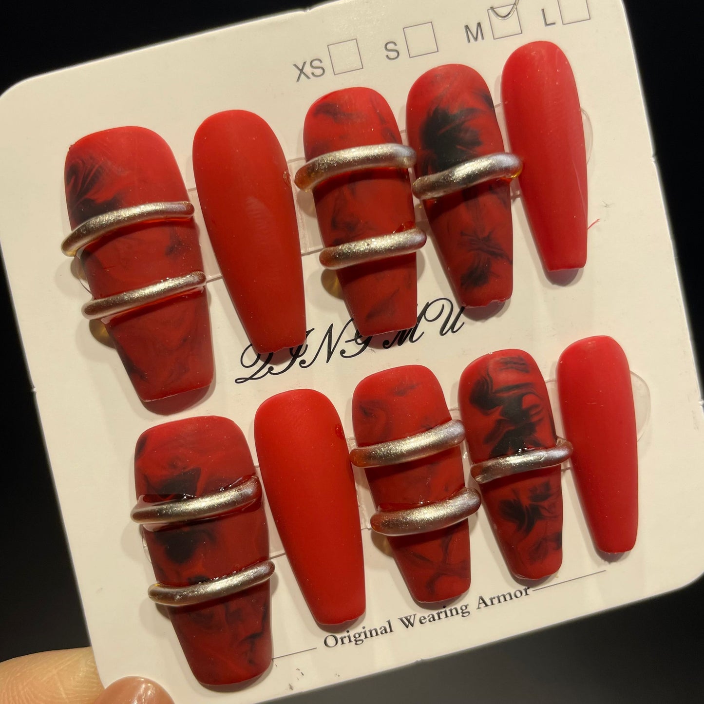 Handmade Press On Nails Long Coffin Red wire-QingM