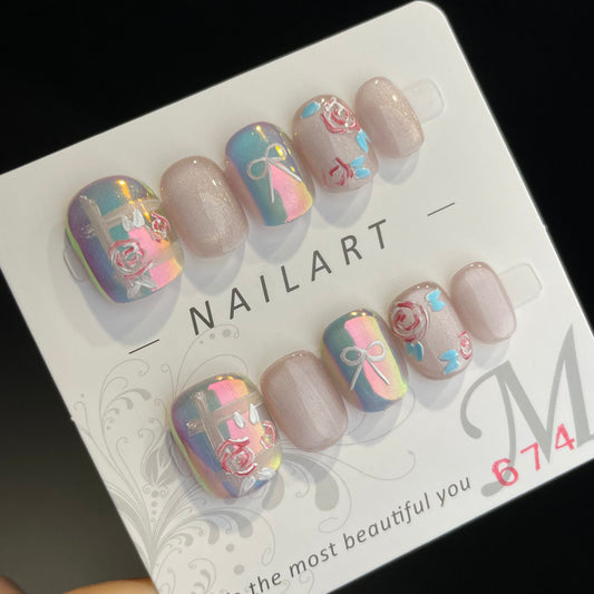 Handmade Press On Nails Short Square Mermaid flower-DaiRS