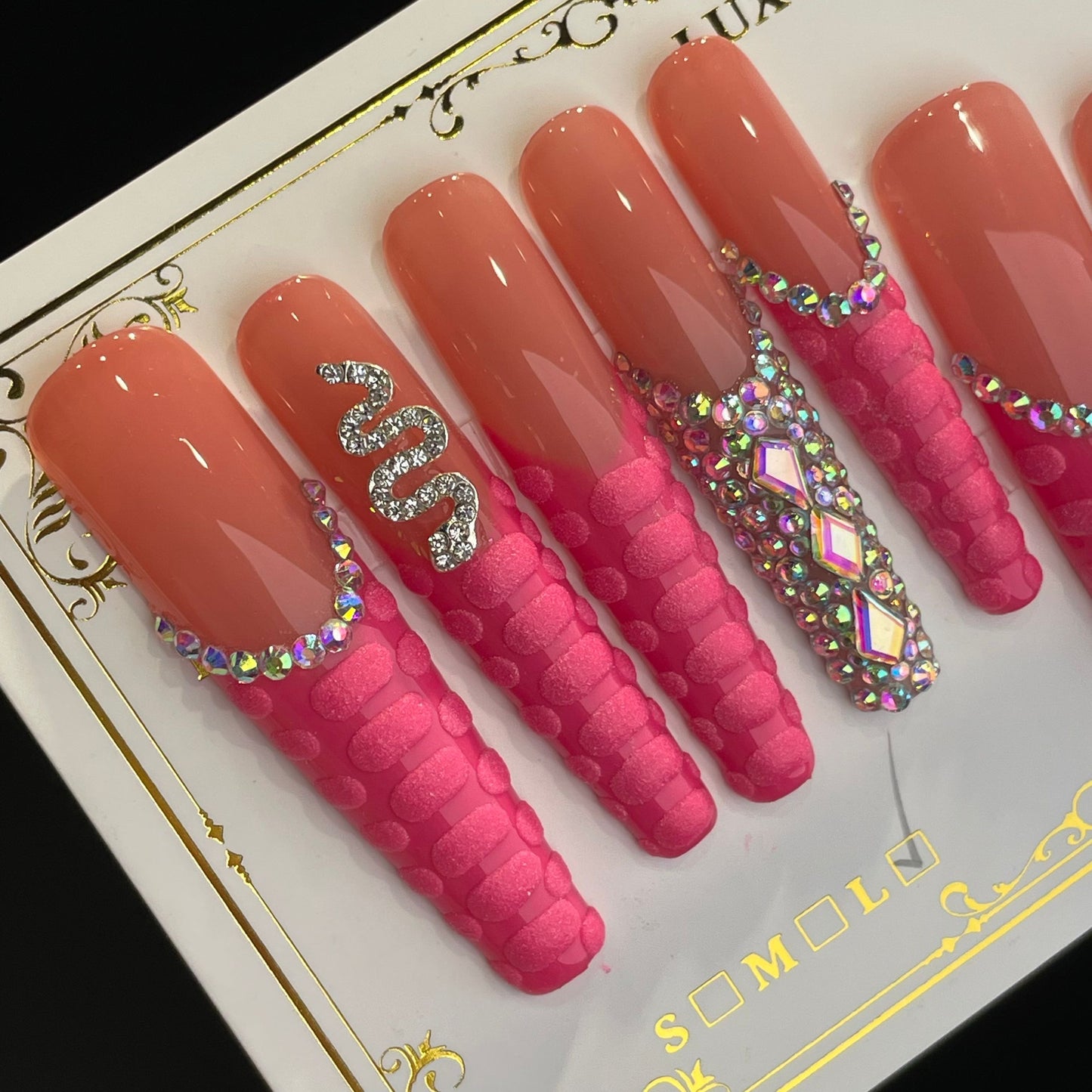 Handmade Press On Nails Extra-Long Coffin Rose pink snake