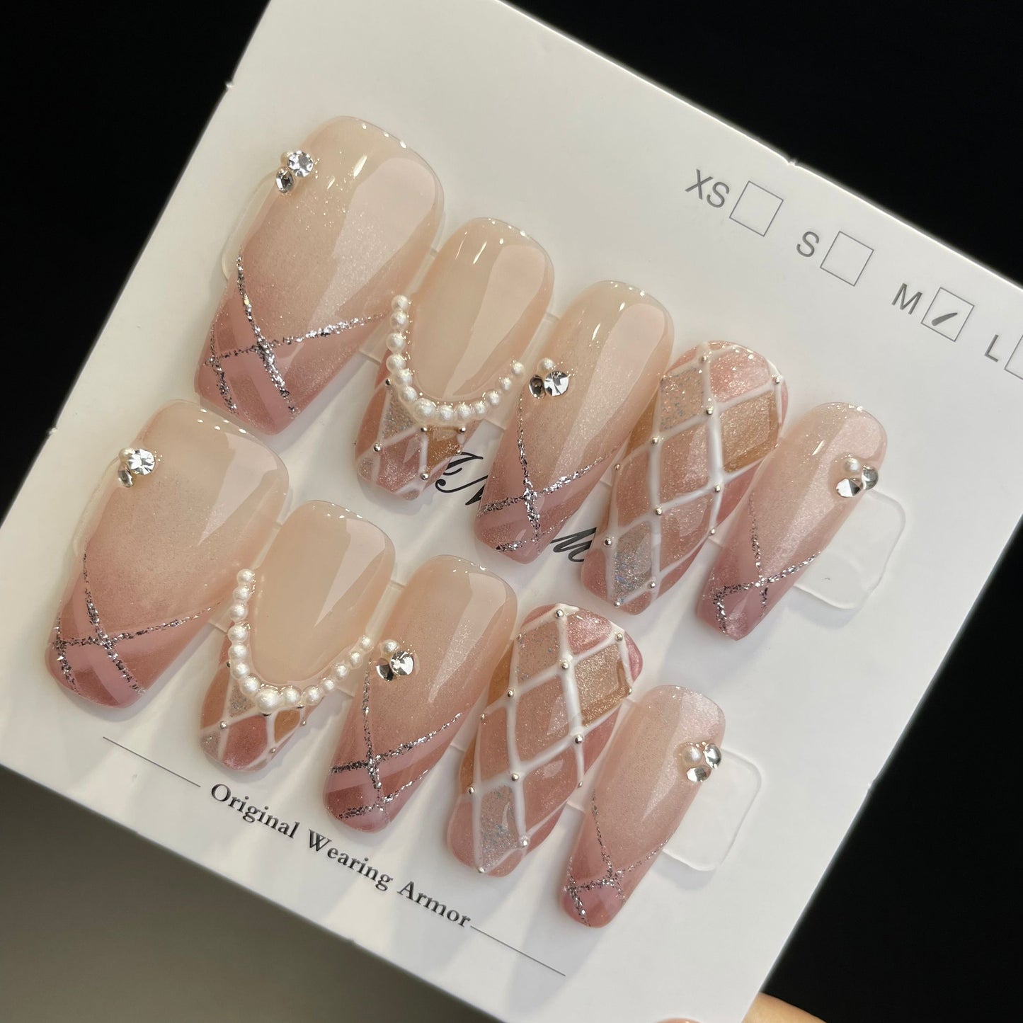 Handmade Press On Nails Long Coffin Pink diamond lattice delicate