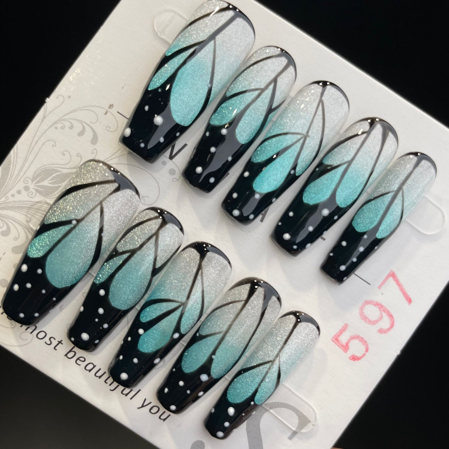 Handmade Press On Nails Long Coffin Blue butterfly wings-DaiRS