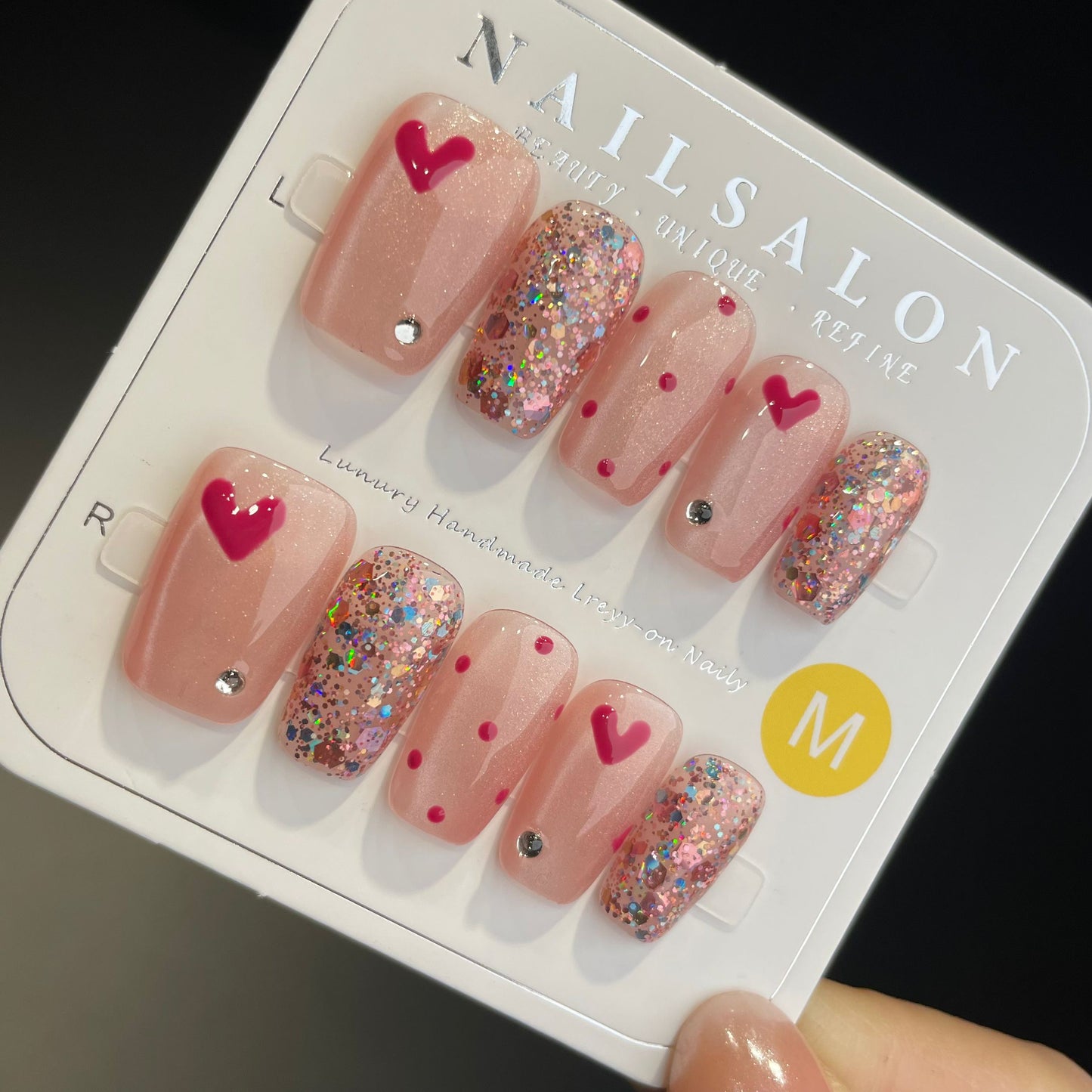 Handmade Press On Nails Medium Coffin Heart glitter