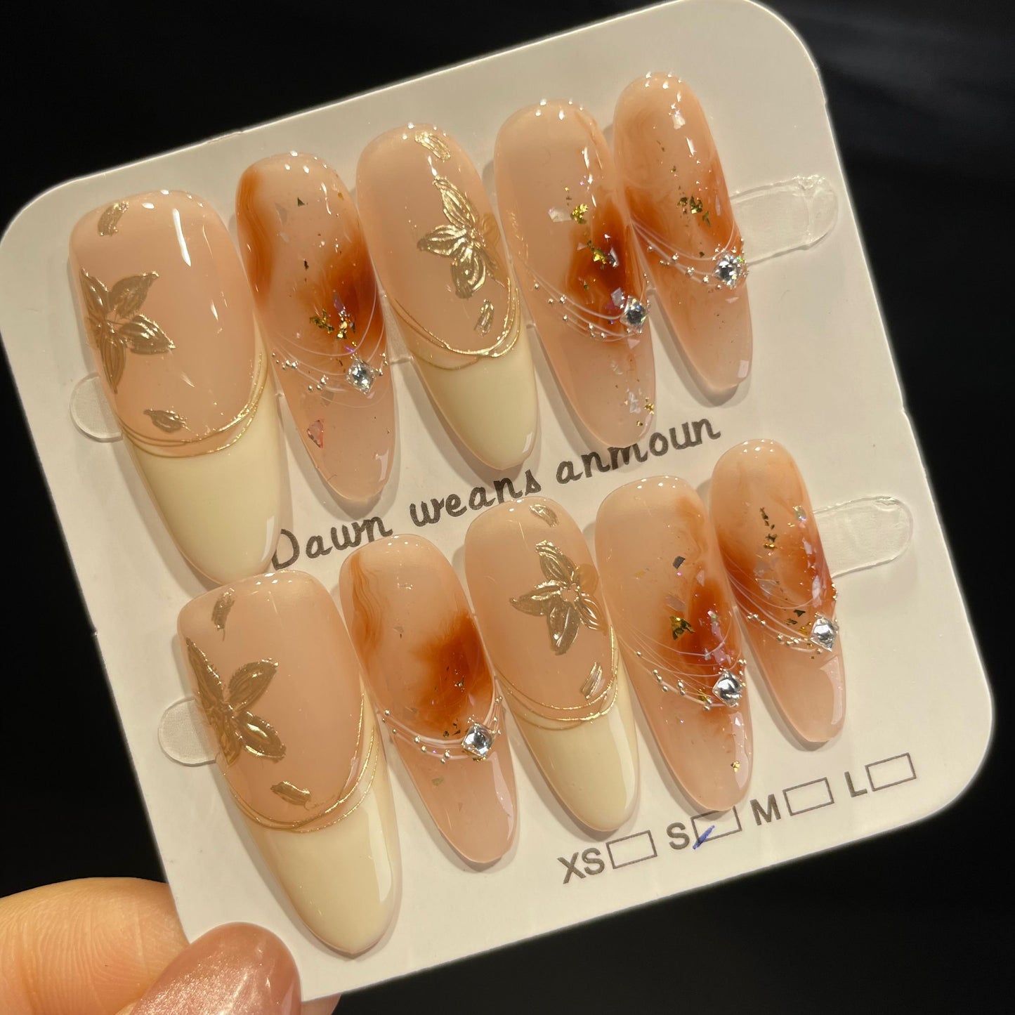 Handmade Press On Nails Long Almond Golden autumn-XiXX