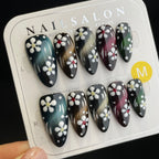 Handmade Press On Nails Long Almond Colorful cat's eye flowers-YiH