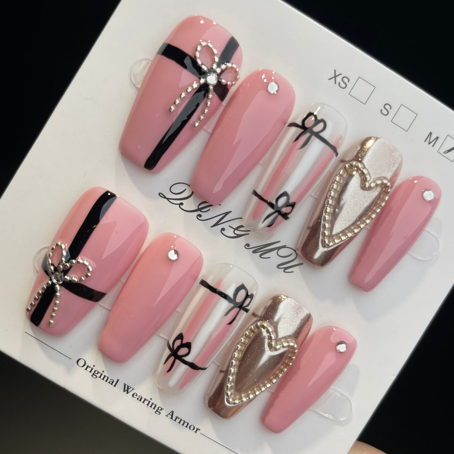 Handmade Press On Nails Long Coffin Pink bow-QingM