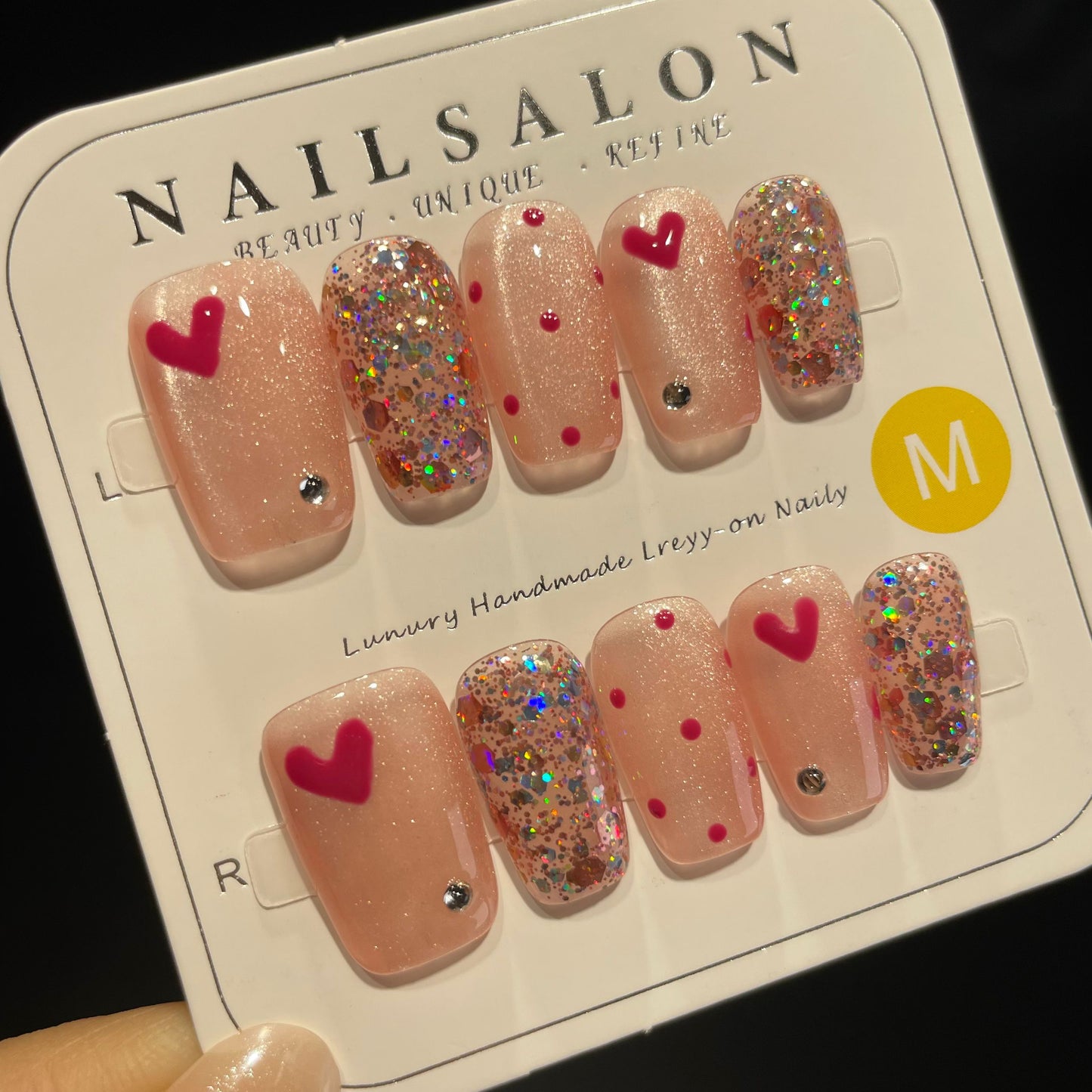 Handmade Press On Nails Medium Coffin Heart glitter