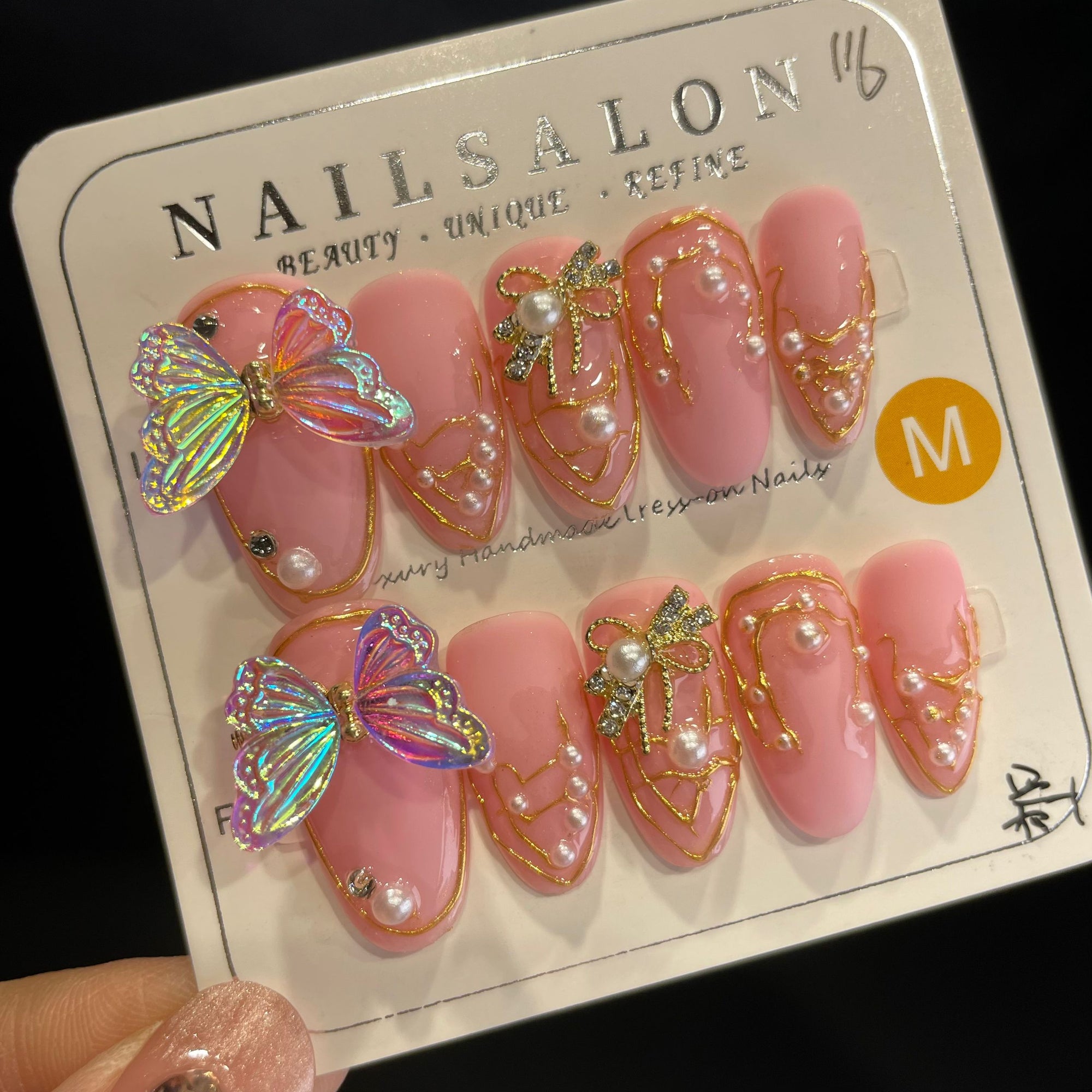 Handmade Press On Nails Long Almond Pink butterfly-YiH