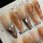 Handmade Press On Nails Long Stiletto Brown cat eye with orange-YiH