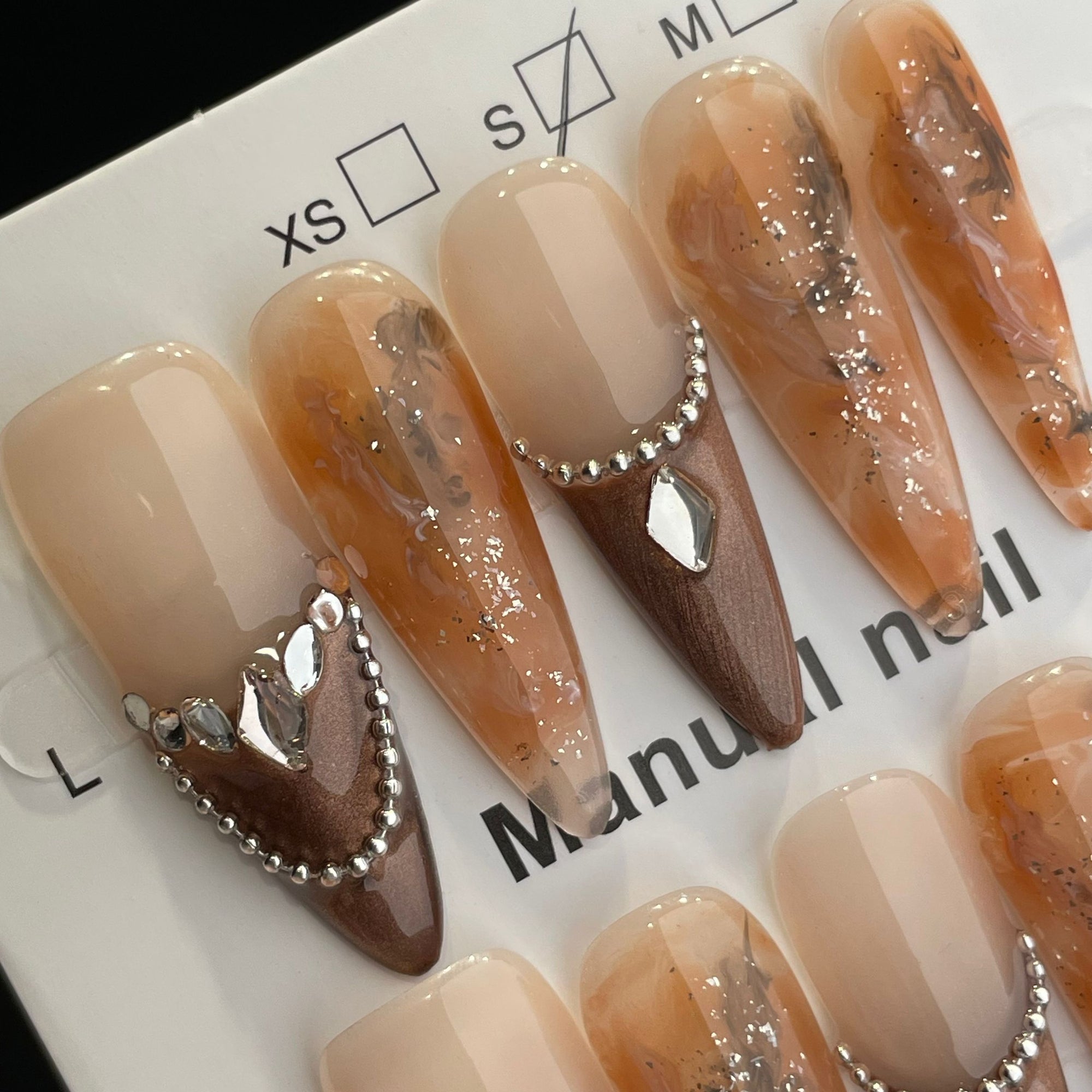 Handmade Press On Nails Long Stiletto Brown cat eye with orange-YiH