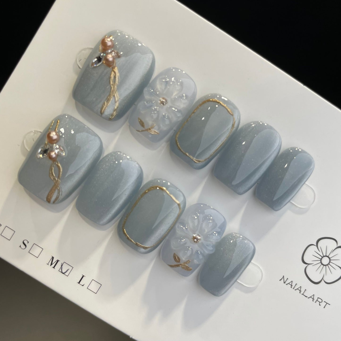 Handmade Press On Nails Short Coffin Blue cat's eye-DaH