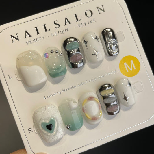 Handmade Press On Nails Short Square Fresh and icy