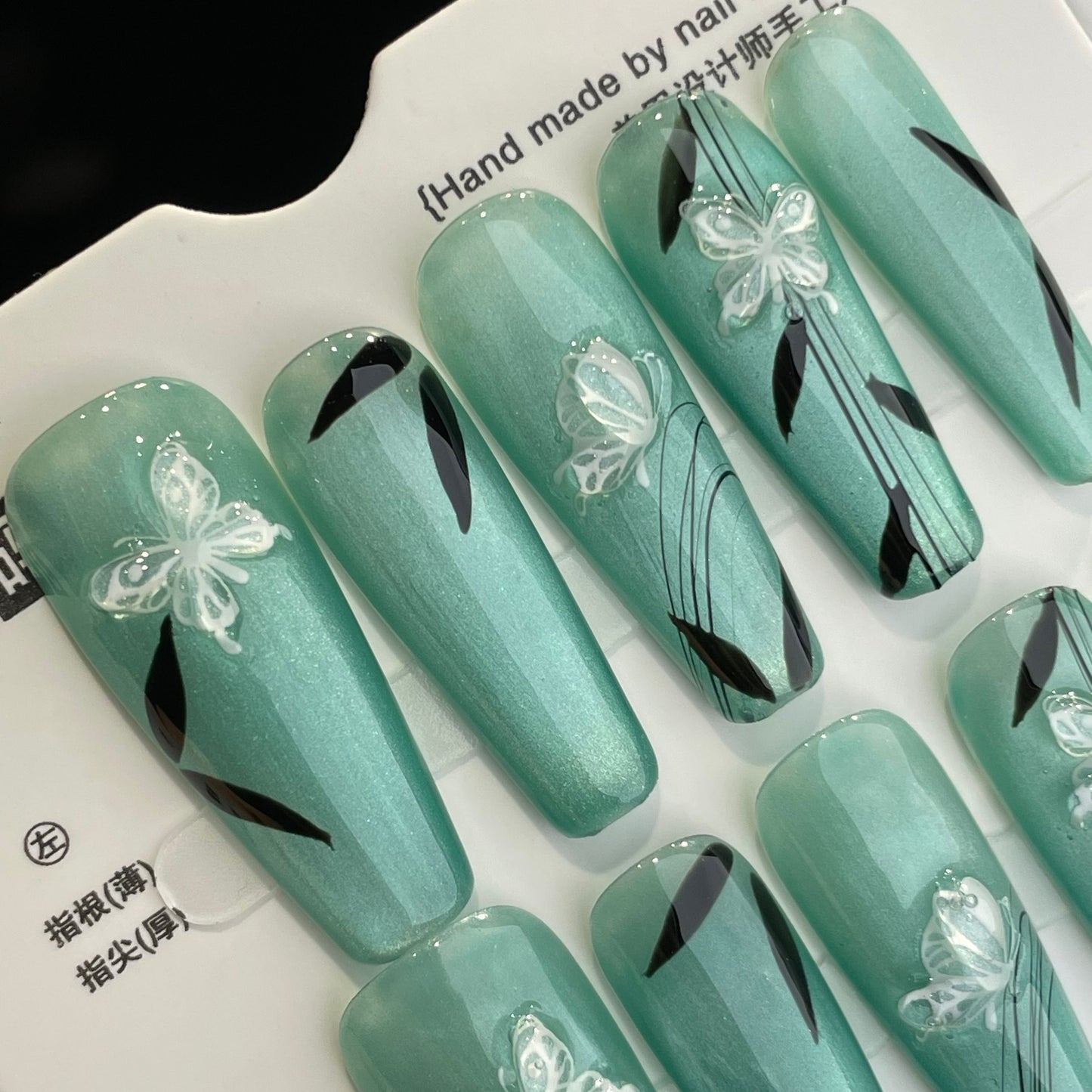 Handmade Press On Nails Long Coffin Green bamboo cat eyes