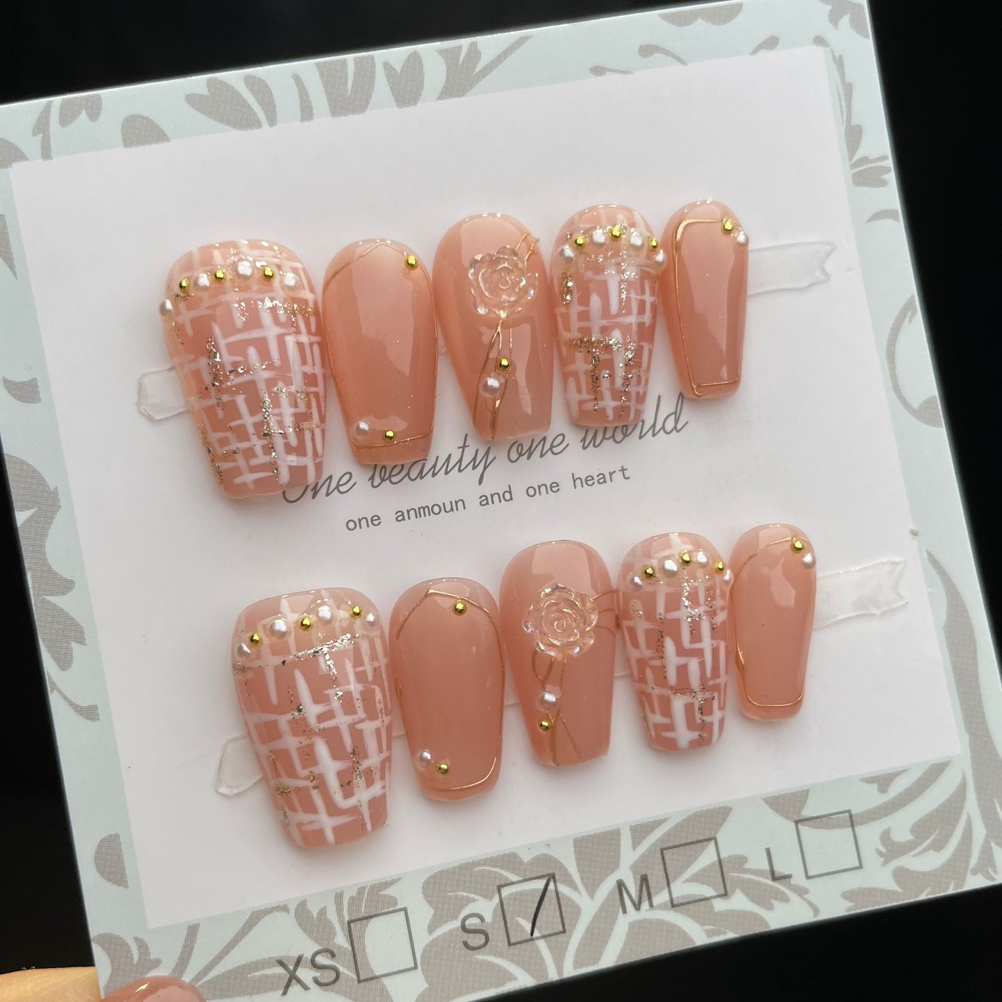 Handmade Press On Nails Medium Coffin Checkered rose