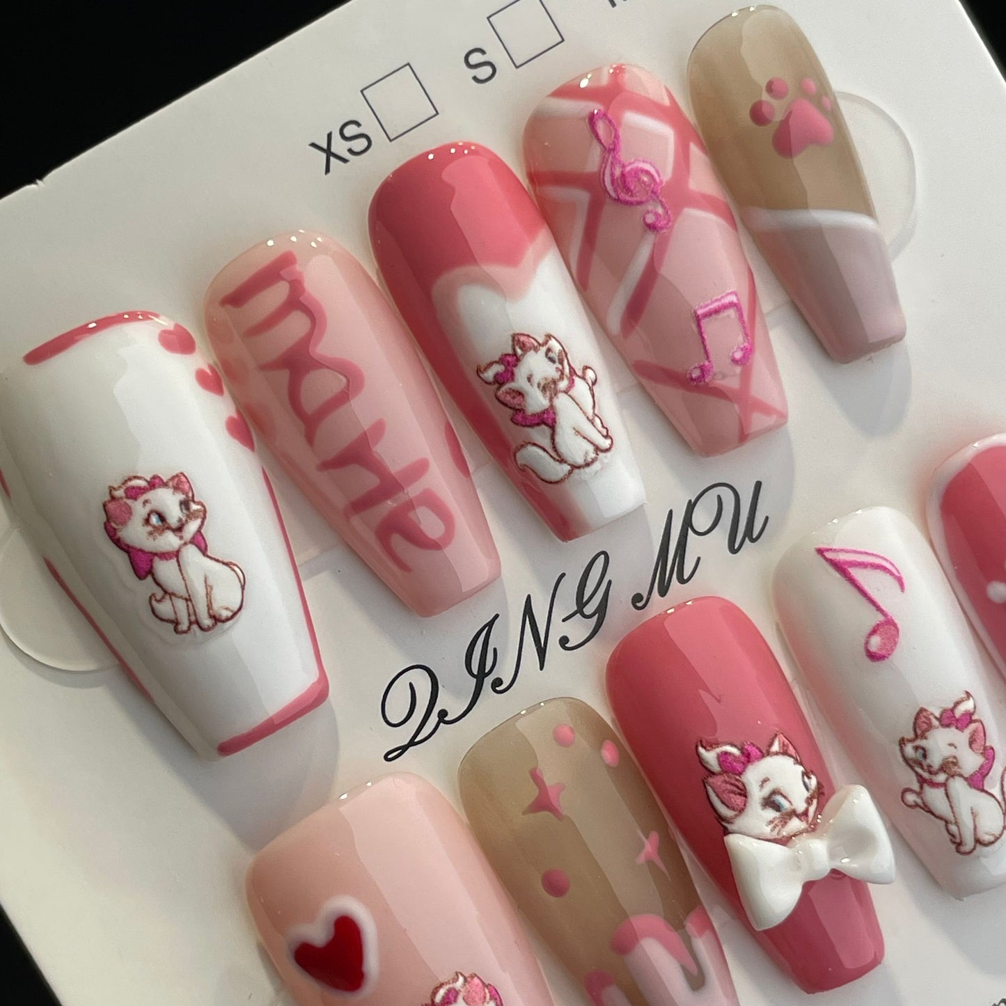 Handmade Press On Nails Long Coffin Rose pink sexy Mary cat-QingM