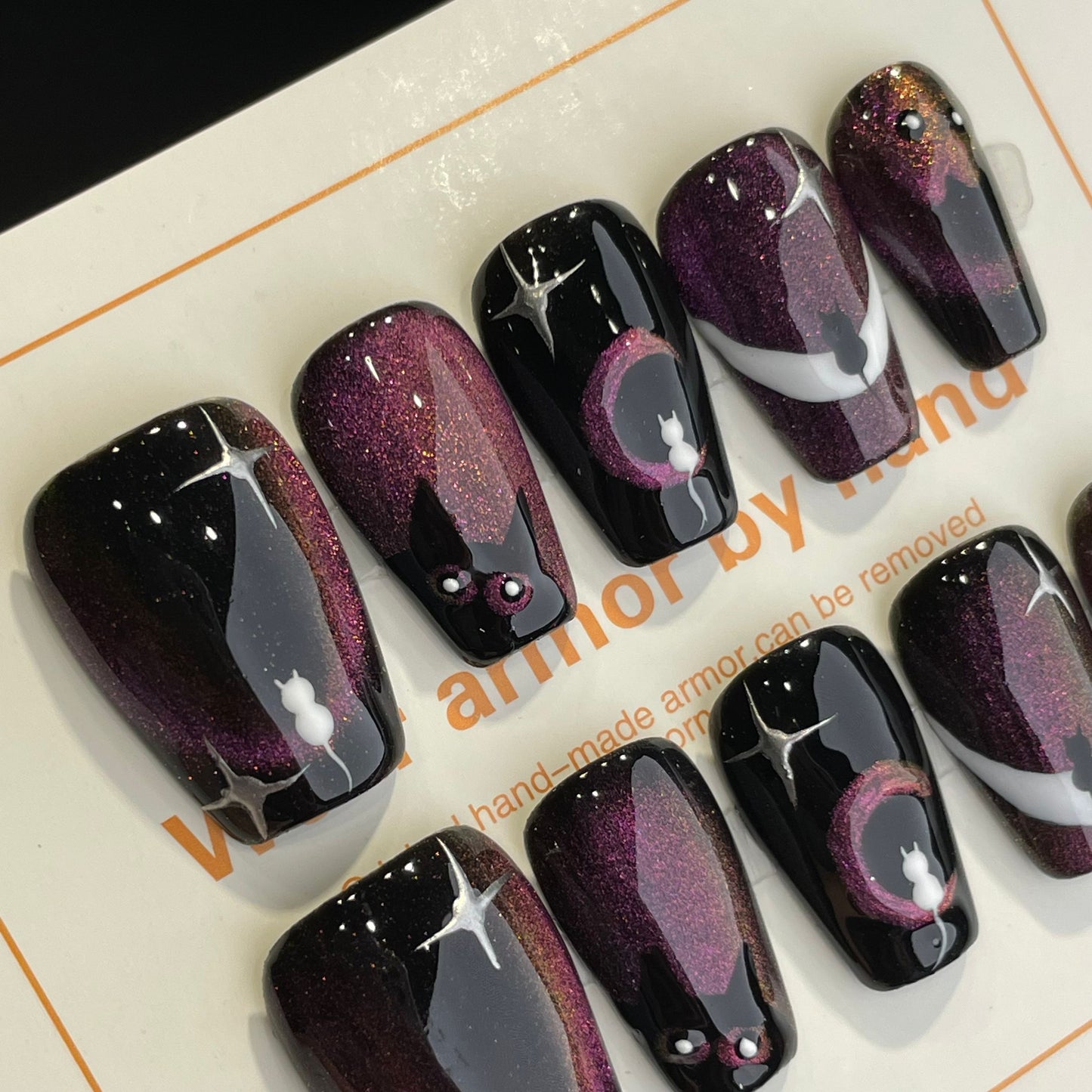 Handmade Press On Nails Medium Coffin Moon kitten