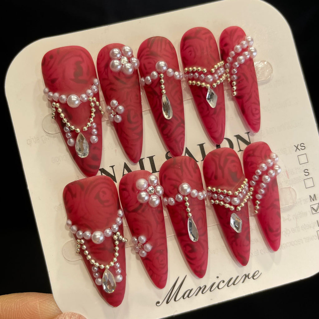 Handmade Press On Nails Long Stiletto Magnificent red diamond-YiH