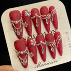 Handmade Press On Nails Long Stiletto Magnificent red diamond-YiH