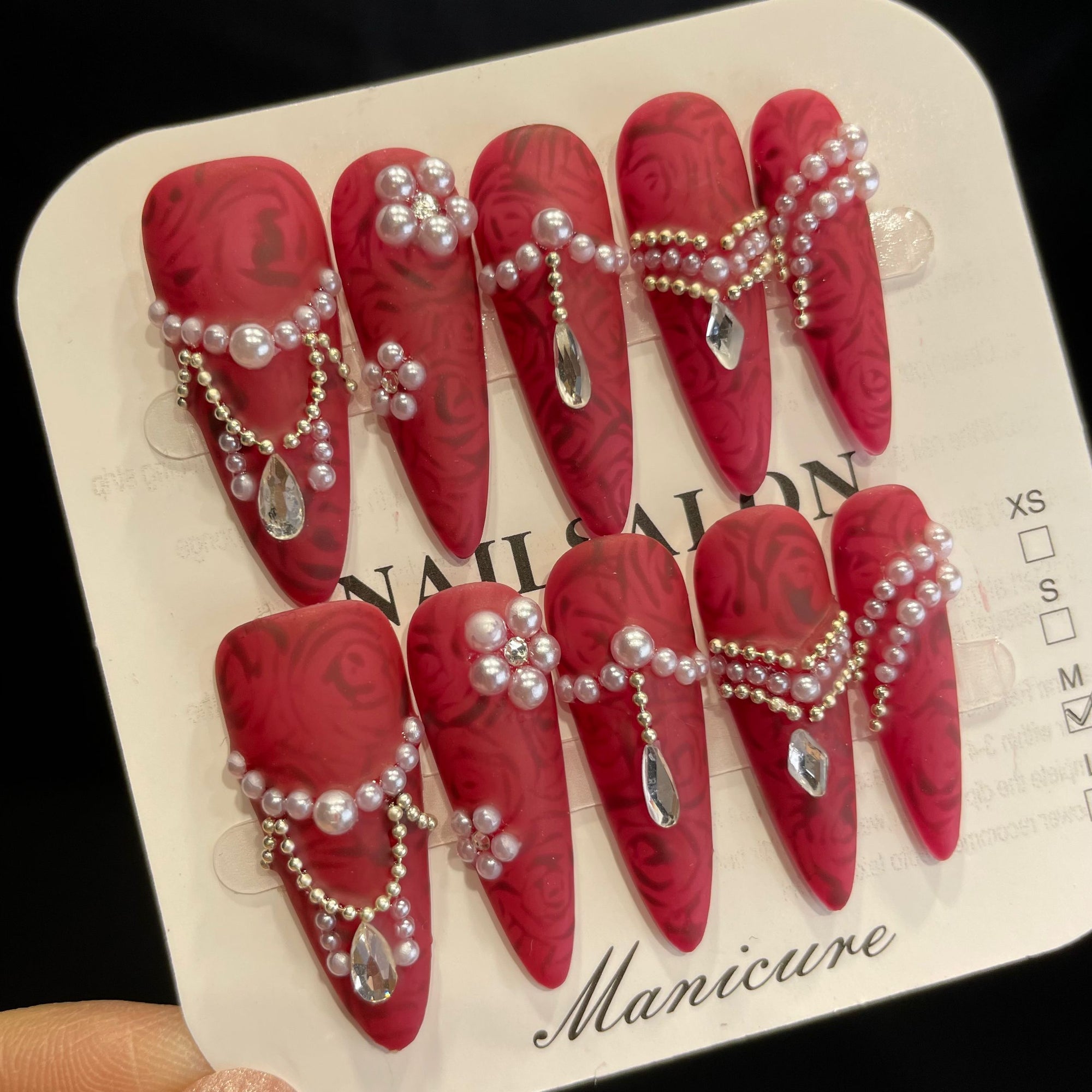 Handmade Press On Nails Long Stiletto Magnificent red diamond-YiH