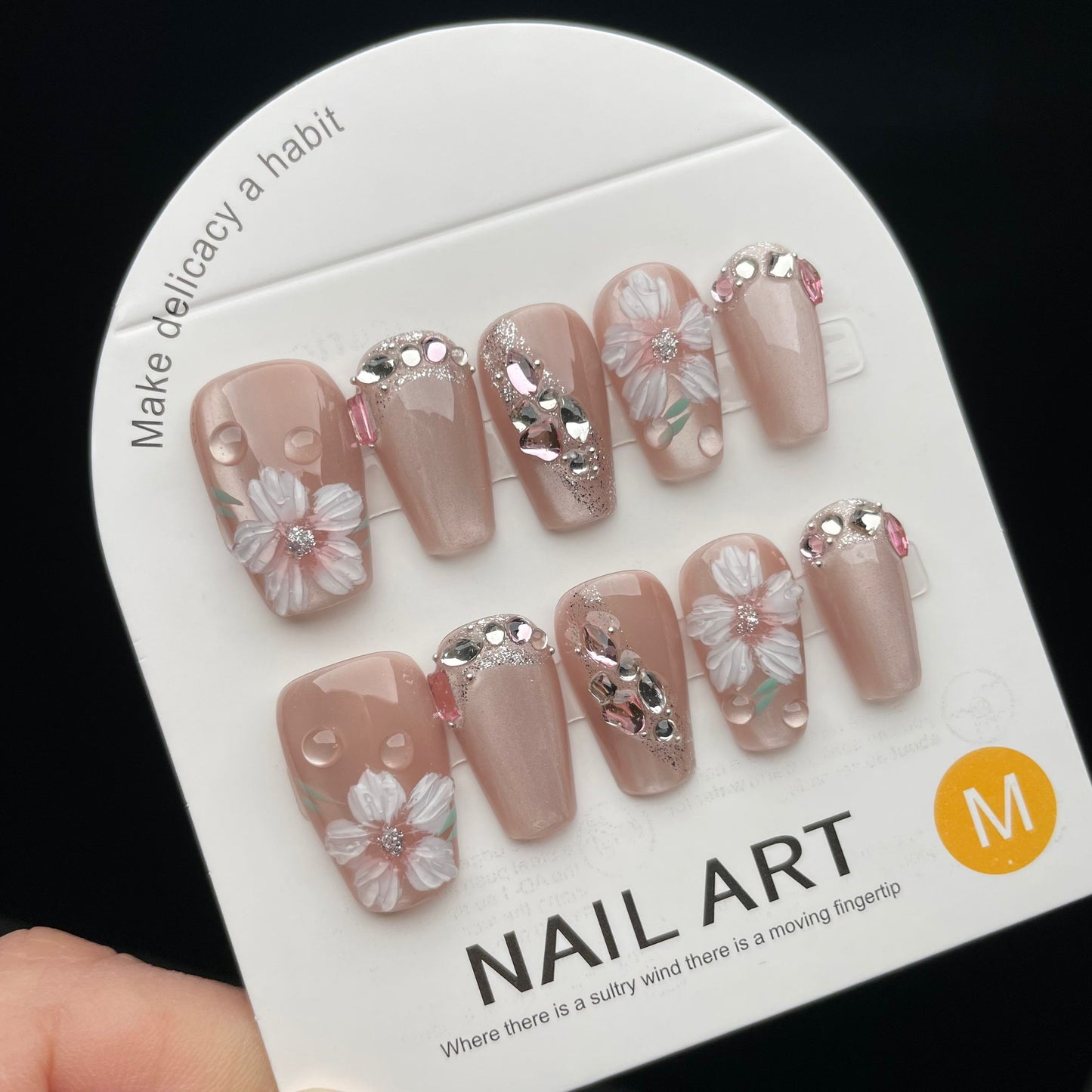 Handmade Press On Nails Medium Coffin Delicate flowers