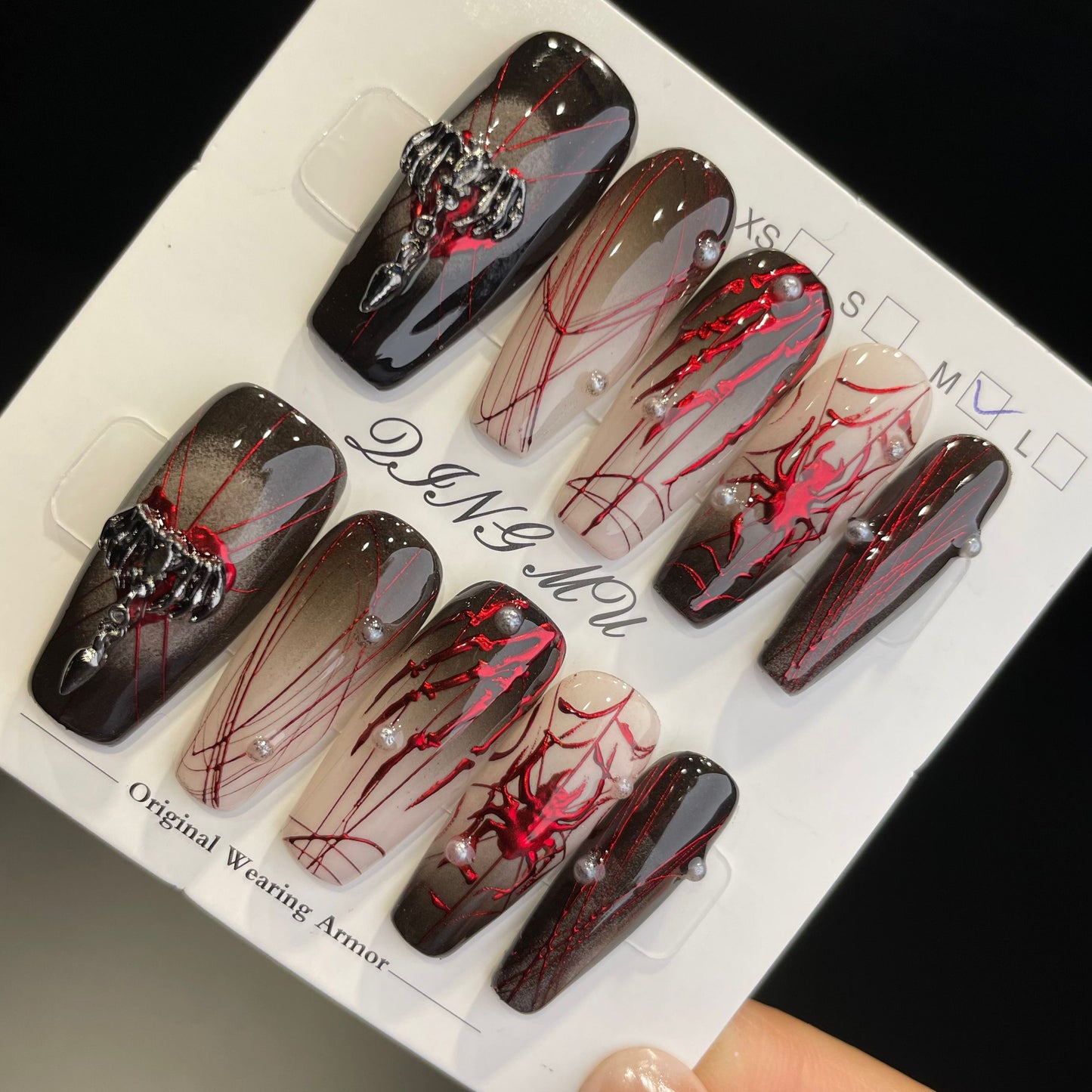 Handmade Press On Nails Long Coffin Red black spider