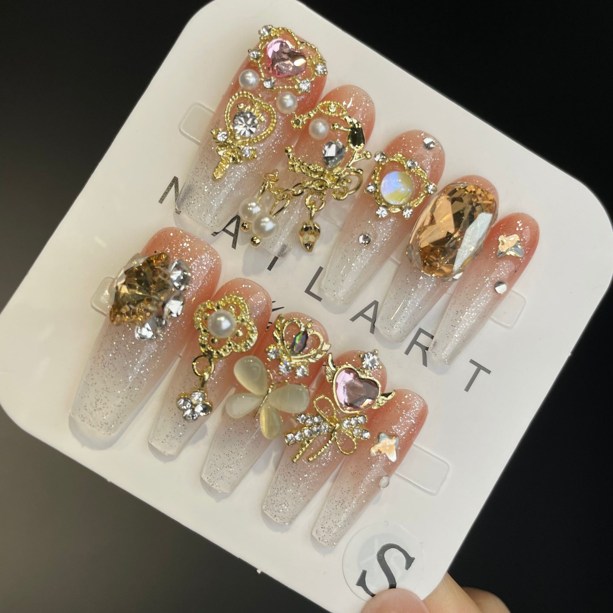 Handmade Press On Nails Long Coffin Gold and jade