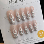 Handmade Press On Nails Long Coffin Silver flame-YiH