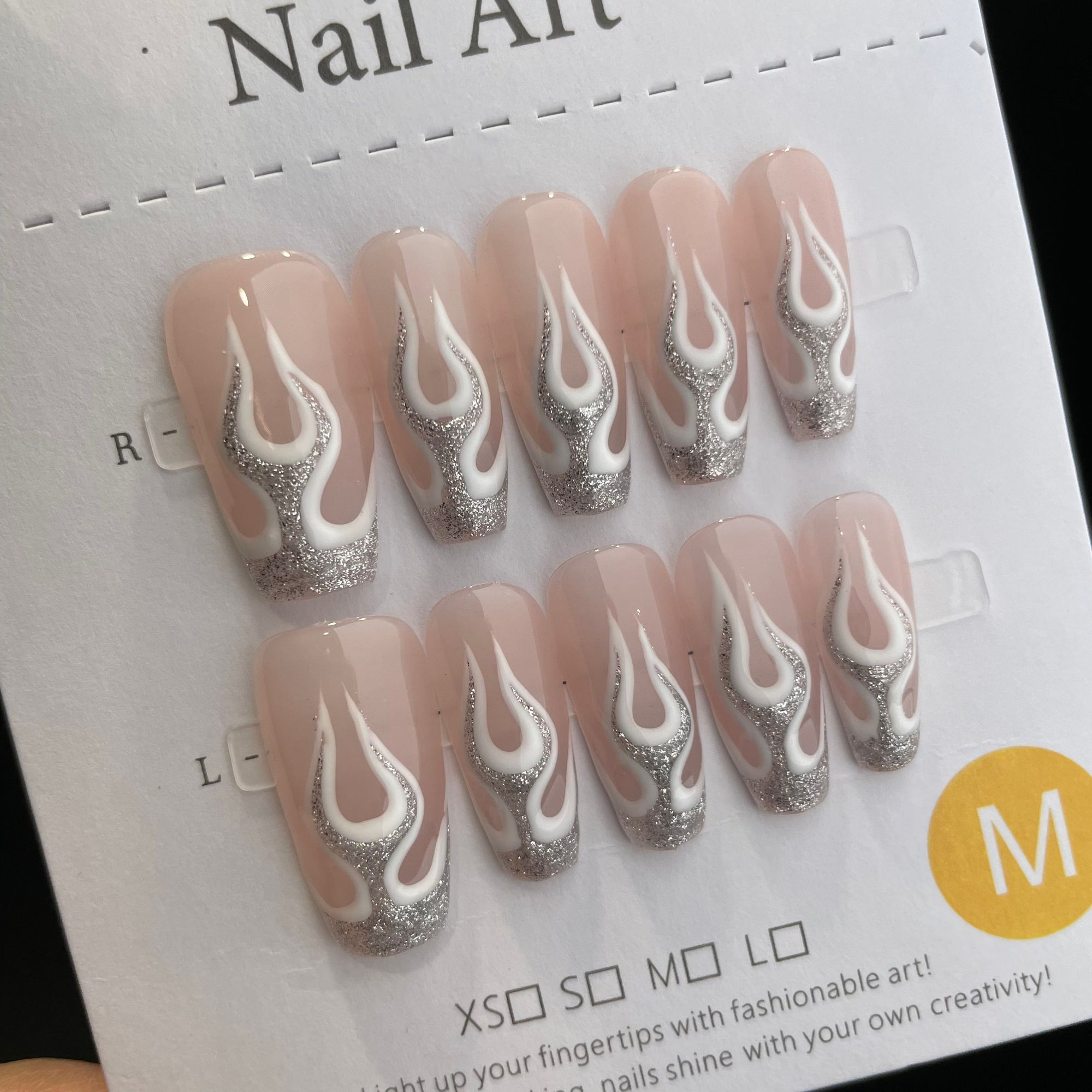 Handmade Press On Nails Long Coffin Silver flame-YiH