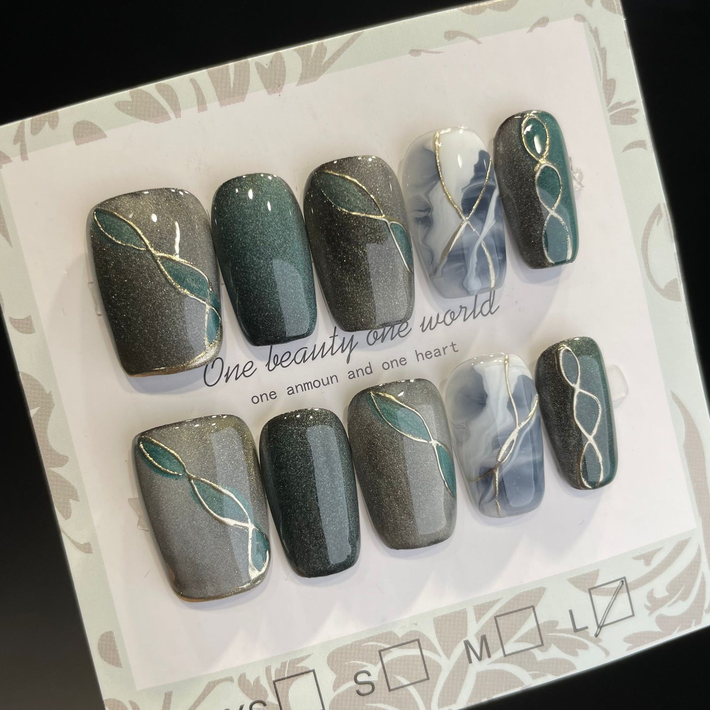 Handmade Press On Nails Medium Coffin Green streamer