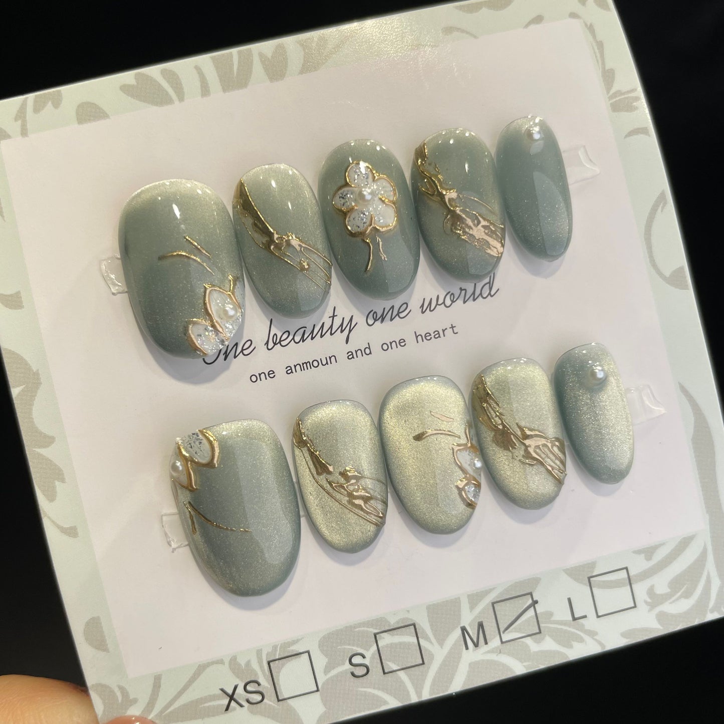 Handmade Press On Nails Short Oval Green Cat Eyes