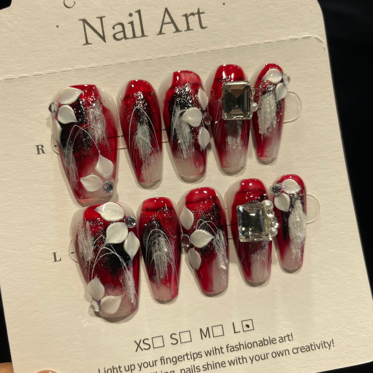 Handmade Press On Nails Long Coffin Black and red flowers