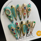 Handmade Press On Nails Long Stiletto bluish green gorgeous colored gems-YiH
