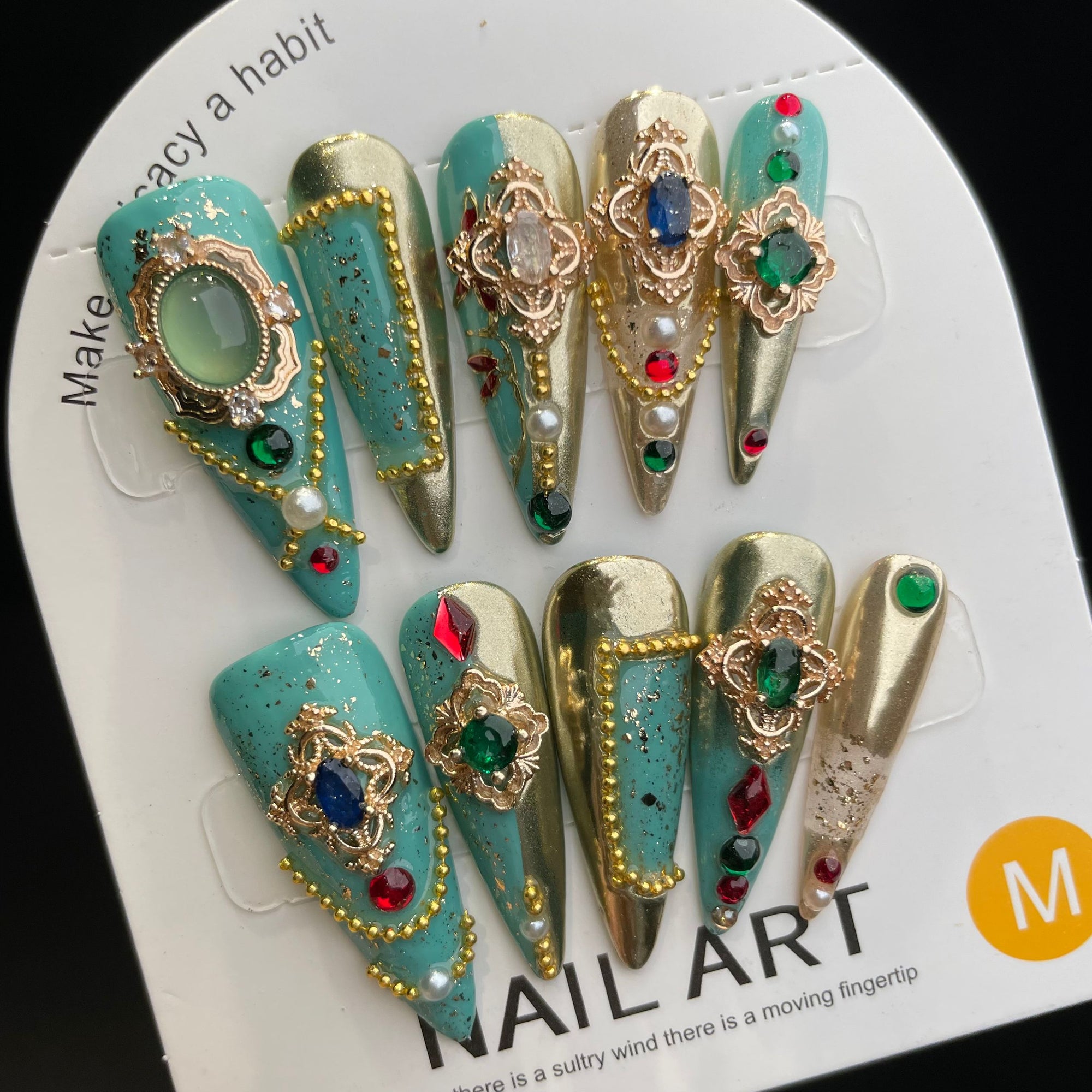 Handmade Press On Nails Long Stiletto bluish green gorgeous colored gems-YiH