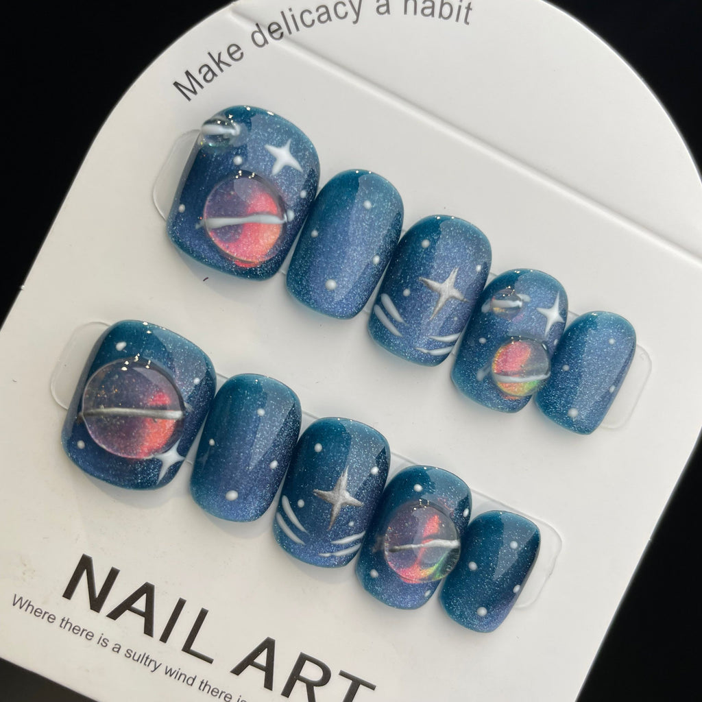 Handmade Press On Nails Short Coffin Blue planet-YiH
