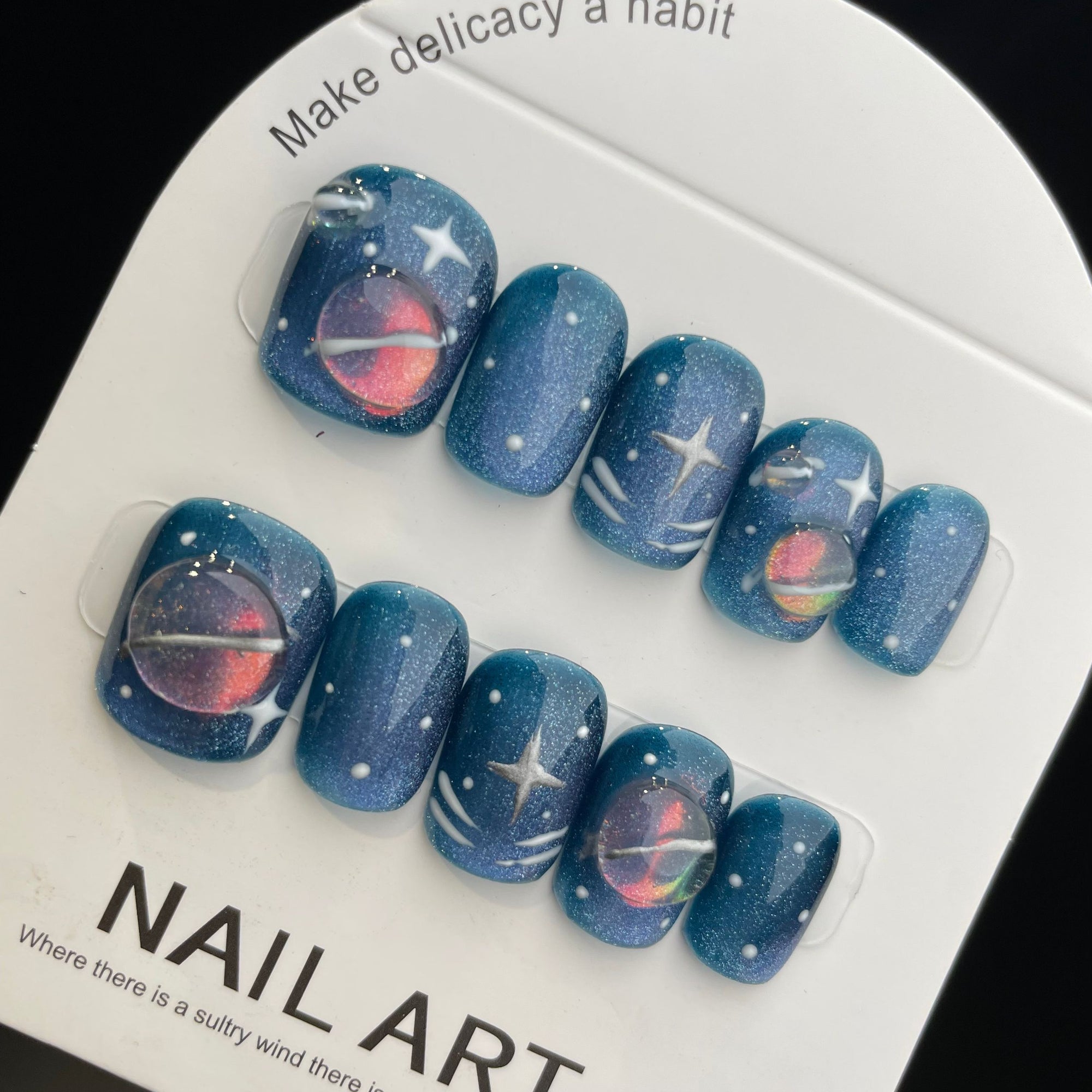 Handmade Press On Nails Short Coffin Blue planet-YiH