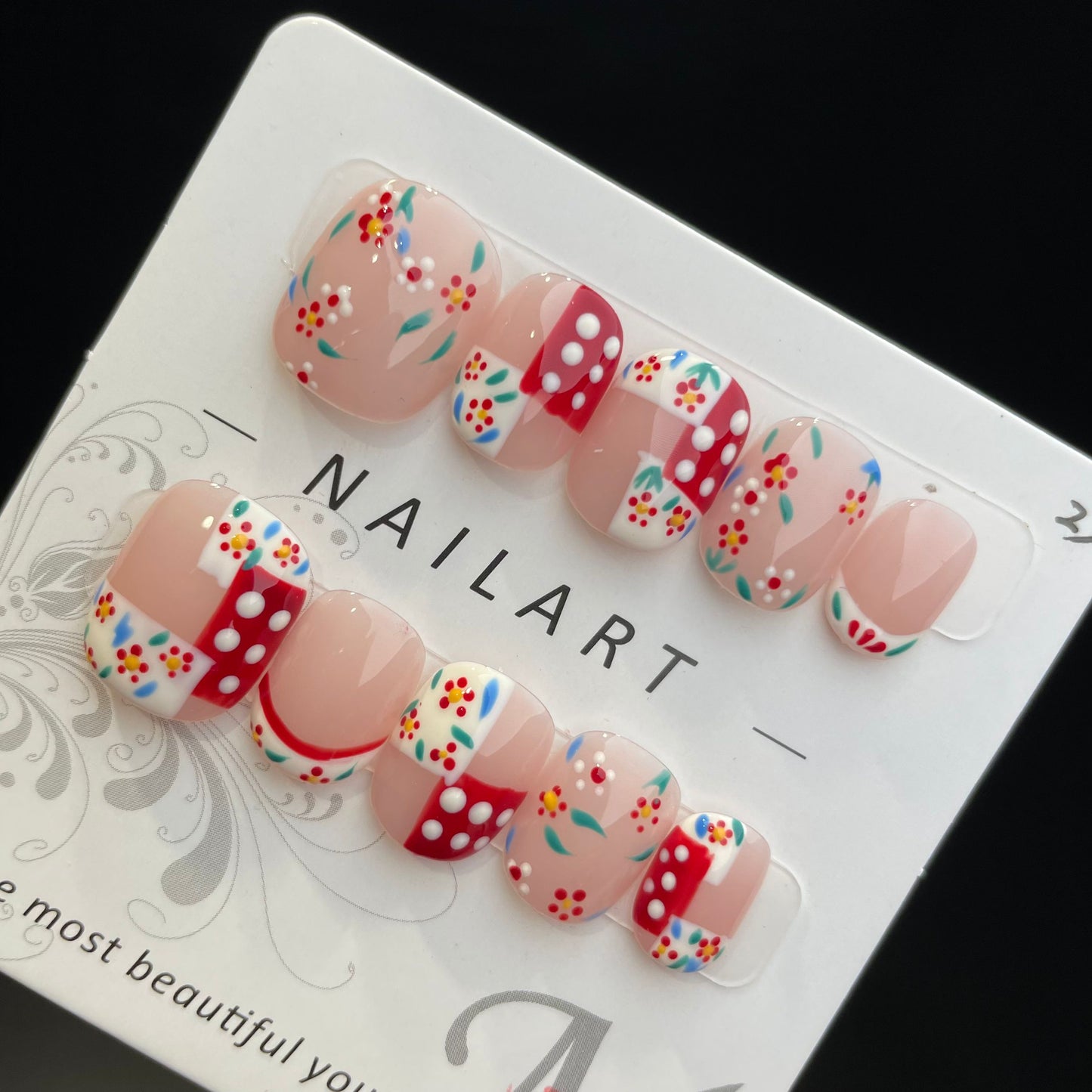 Handmade Press On Nails Short Square Red and white check-DaiRS