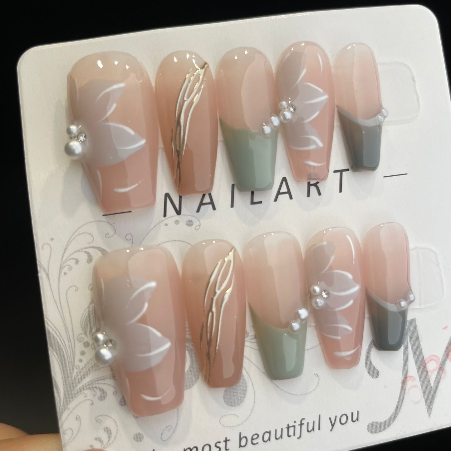 Handmade Press On Nails Long Coffin Elegant petal-DaiRS