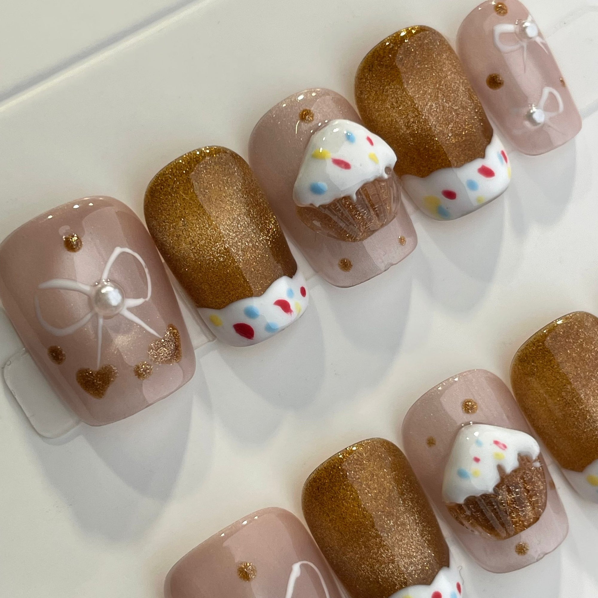 Handmade Press On Nails Short Coffin Cat's eye chestnut cake-YiH