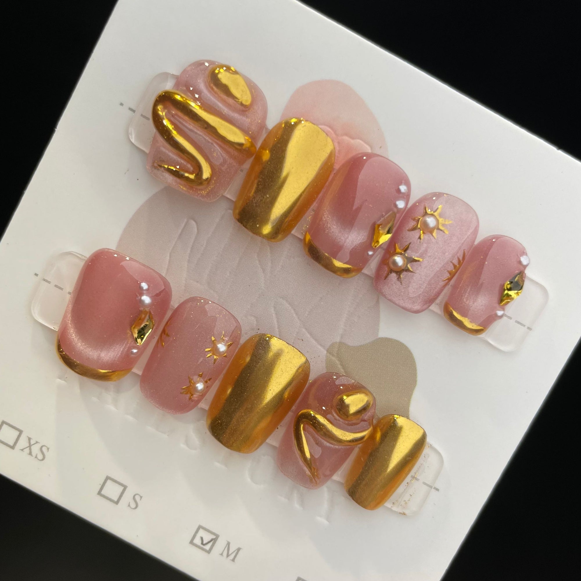 Handmade Press On Nails Short Coffin Pink golden snake-YiH