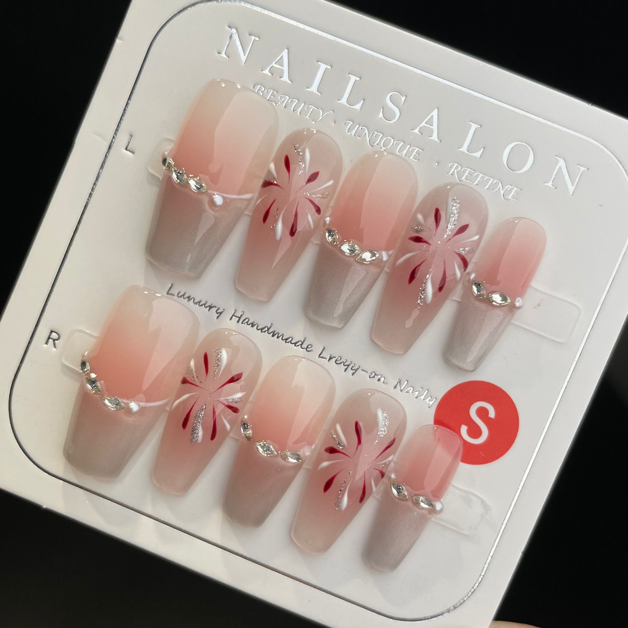 Handmade Press On Nails Long Coffin Silver cat eye fireworks-YiH