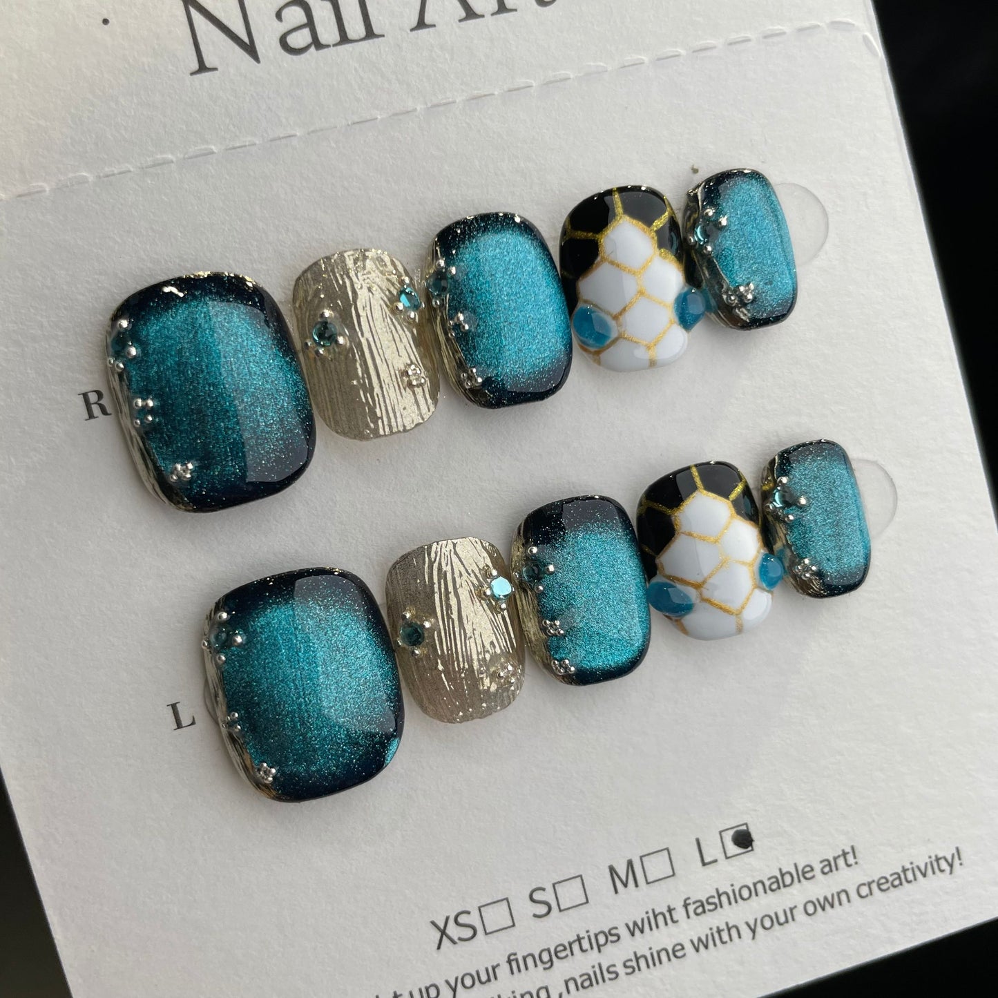 Handmade Press On Nails Short Square Blue Medusa