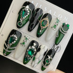 Handmade Press On Nails Long Almond Gorgeous diamond green Medusa-YiH